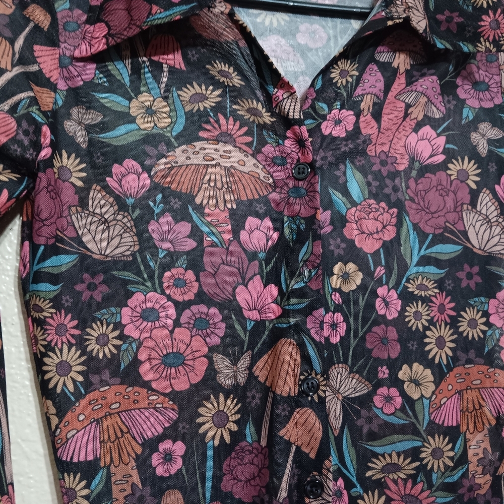 Current Mood Dolls Kill Black Floral Mushroom Mesh Crop Top - Picture 2 of 4